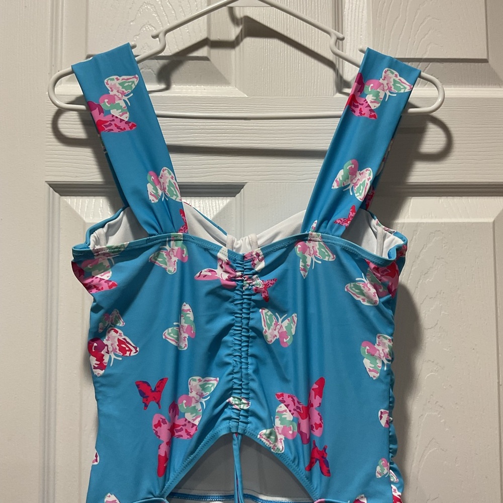 Suit swim dress with built-in shorts in blue w/ pink, green, white butterflies M - Picture 5 of 10